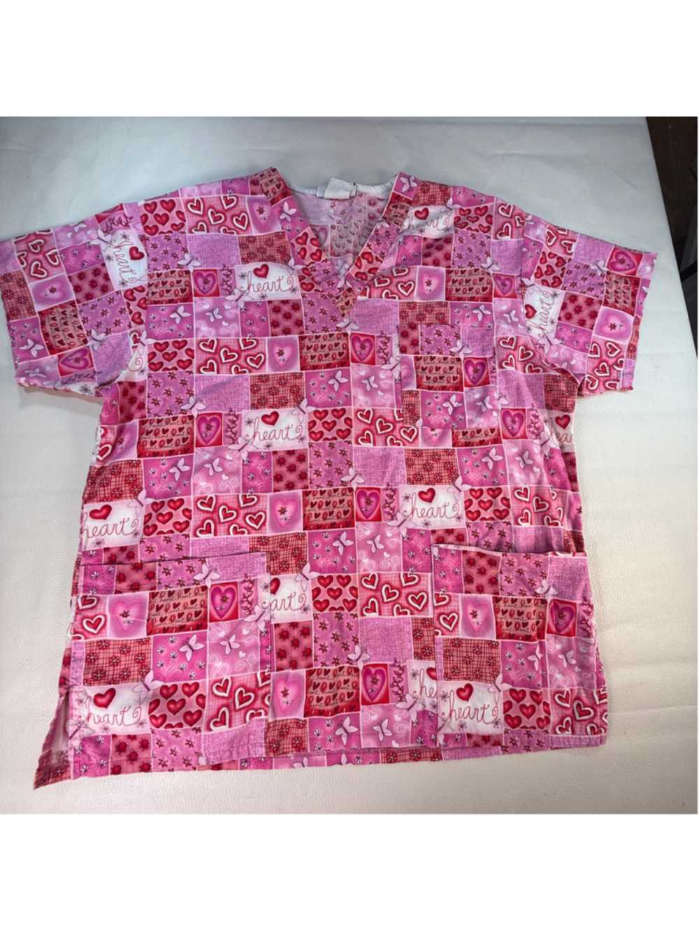 Peaches Uniforms Scrub Top Women Pink Hearts Butterflies Valentine Nurse XL